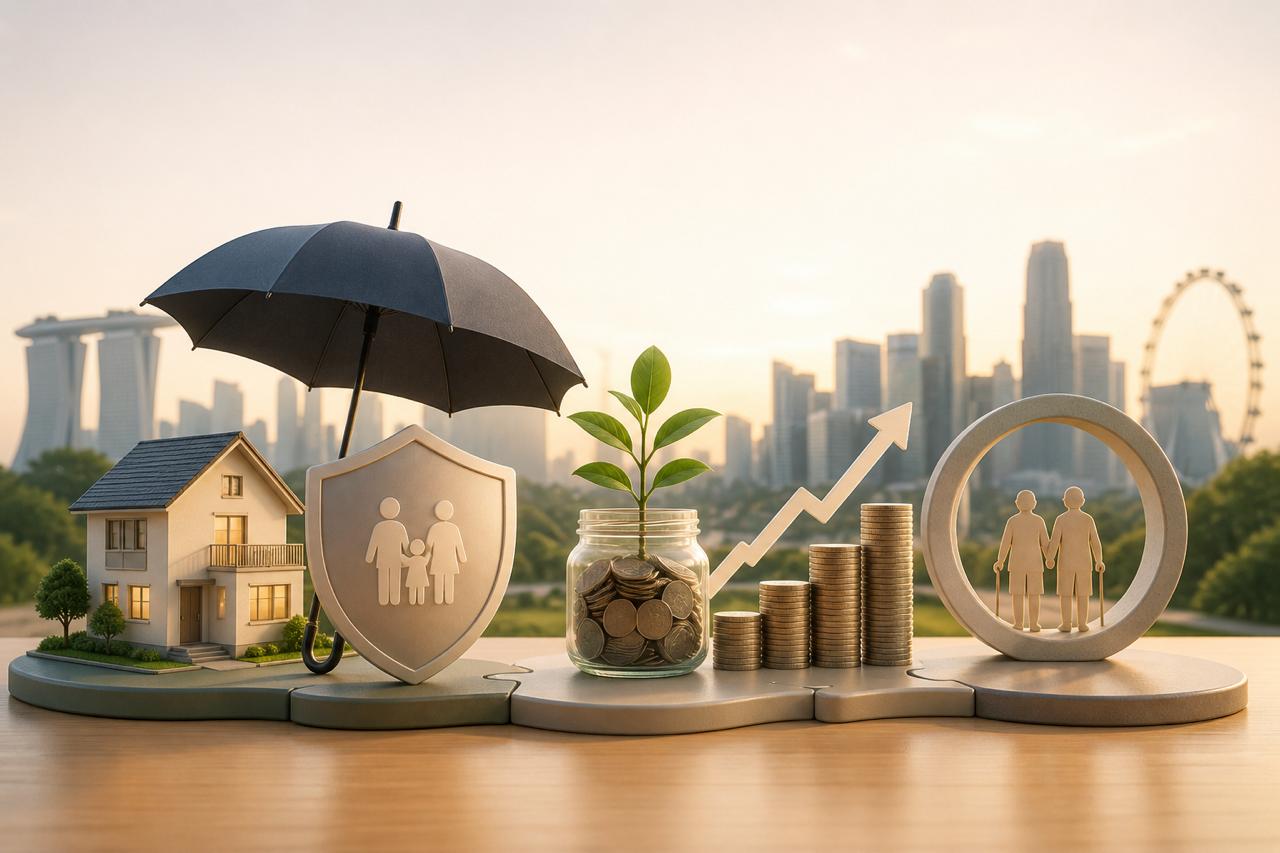 Miniature models of a house, umbrella, family shield, growing savings jar and a retired couple, representing housing, insurance, savings and retirement, with the Singapore skyline in the background