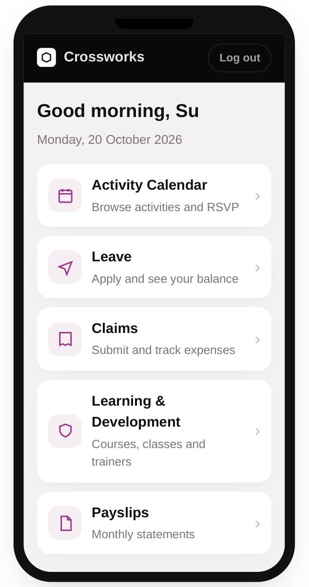 Employee app home screen with shortcuts for activities, leave, claims, learning and payslips