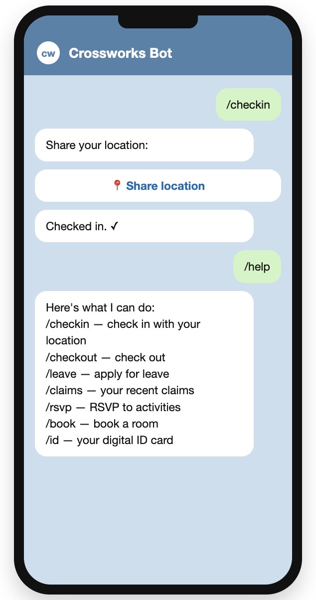 Telegram bot chat showing a location check-in and the list of commands